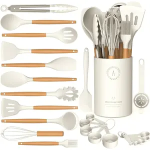 Silicone Cooking Utensils Set, 446° Heat Resistant Silicone Kitchen Utensils for Cooking, BPA Free Silicone Spatula Sets Kitchen Gadgets for Non-Stick Cookware (Cream White)