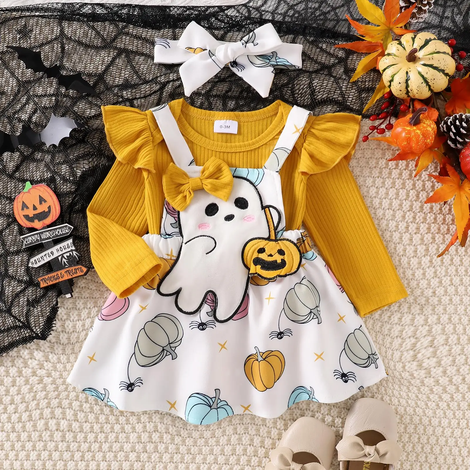 Baby Girls Infant Cute Halloween Costumes, Ribbed Long Sleeve Bodysuit Ghost Patch Suspender Dress Tie-Up Headband 3-Piece Set for Fall Newborn Toddle