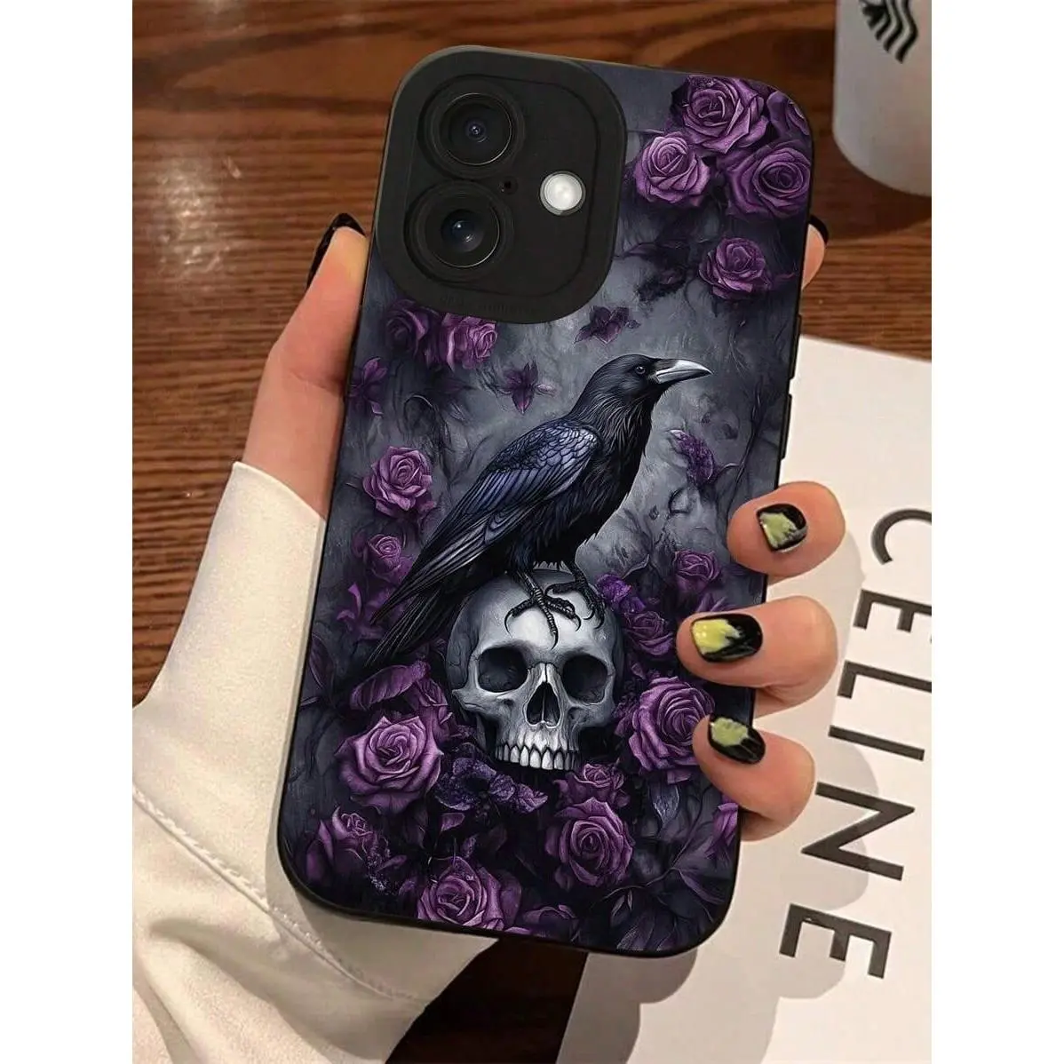 Gothic Raven Skull with Purple Roses Print Phone Case for iPhone 17 Pro Max / 16 Pro Max / 15 Pro Max / 14 Pro Max / 13 Pro Max / Galaxy S26 Ultra / S25 Ultra / S24 Ultra / S23 Ultra / S22 Ultra