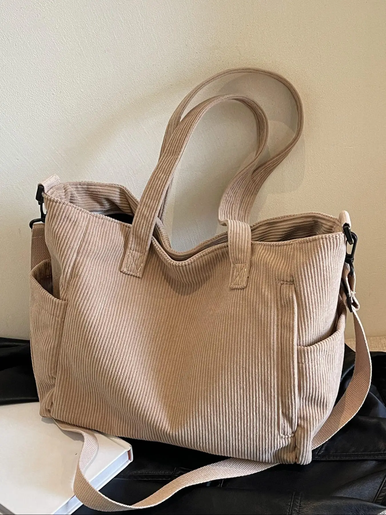 Women's Solid Color Corduroy Tote Bag, Fashionable Large Capacity Shoulder Bag for Daily Commuting, Casual Trendy Versatile High-quality Daily Commuti