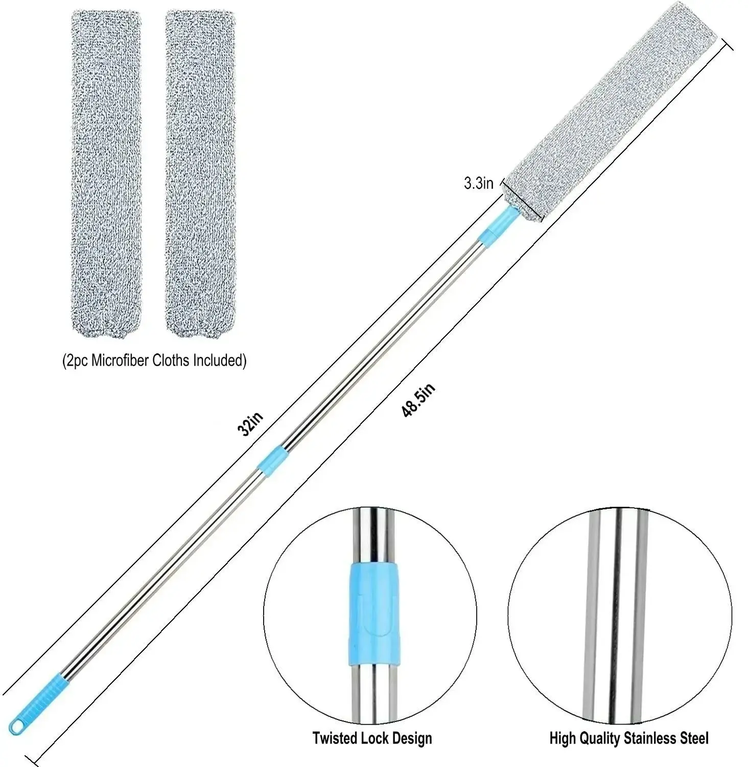 Household Retractable Gap Dust Cleaning Tool, 48in Adjustable Stainless Steel Long Handle with Twist Lock Design, 2 Washable Microfiber Cloths, Light-Duty Duster for Fridge & Appliances