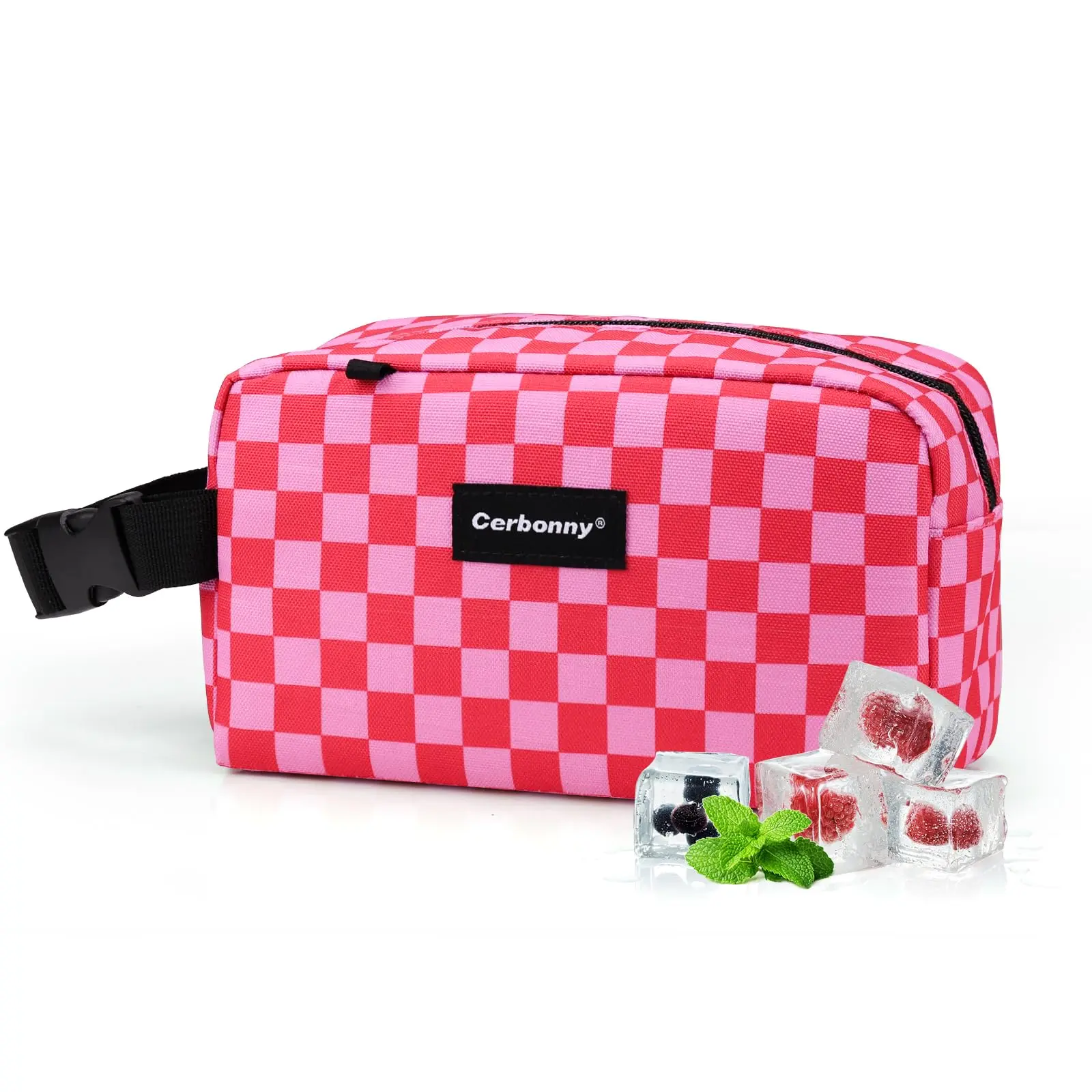 CERBONNY Mini Freezable Bag for Women, Pink Checkerboard, Little Cooler Bag, Small Snack Bag, 3 Cans Capacity summervibes
