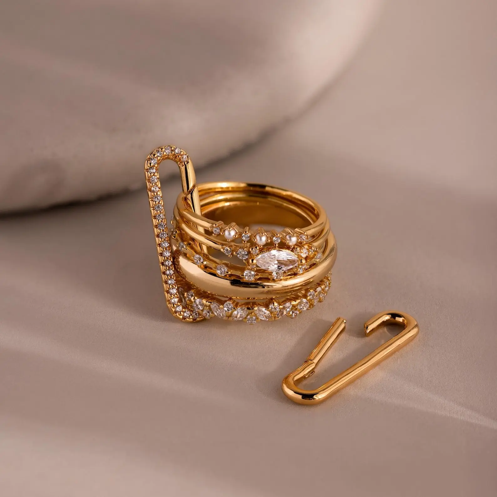 Multipurpose Pave Link Clasp Set by Caitlyn Minimalist - Set of 2 Carabiner Link Charms for Ring Stacking - 18K Gold & Silver Plated Diamond Carabiner Ring Charms - Statement Jewelry - Gift for Her