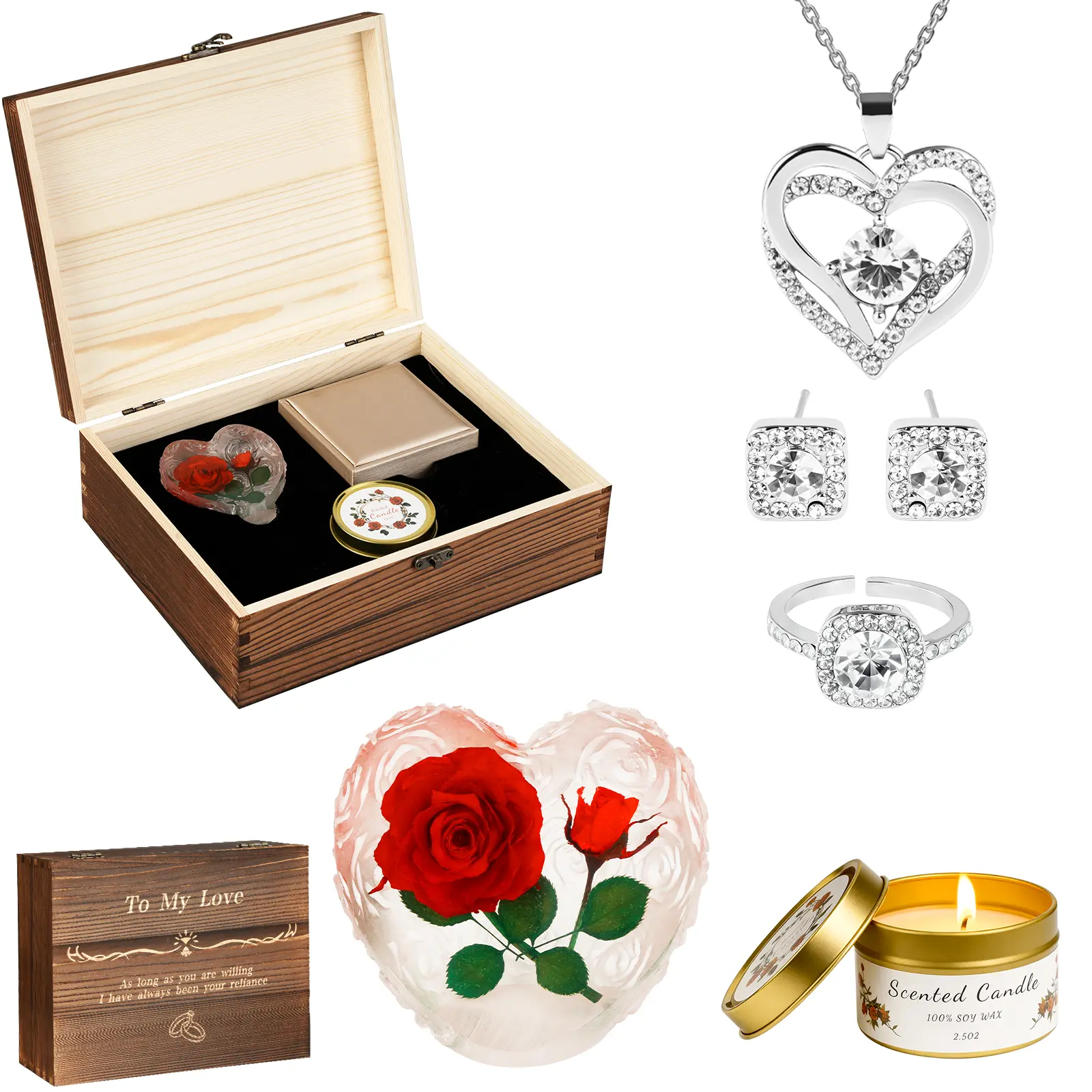 Preserved Roses with Heart Necklace & Candle, Valentines Day Gifts for Her Eternal Flowers Rose Birthday Gifts for Women Girlfriend Wife Mom, To My Love Unique Gift On Mothers Day Anniversary Set