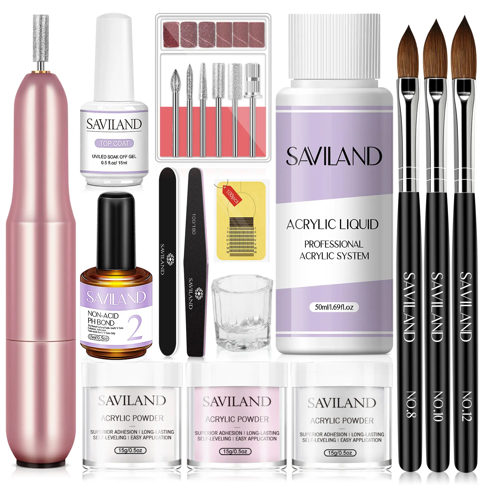 SAVILAND Acrylic Nail Kit with Drill 15g Clear/White/Pink Powder Liquid Nail Brush Forms & Dappen Dish Easy Use Supplies for Beginners Christmas Gift