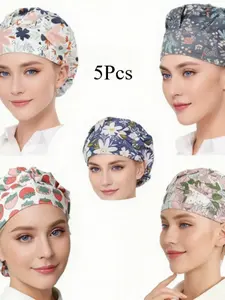 5 Pcs Unisex Adjustable Elastic Chef Hat, Kitchen Cooking Baker Plant Pattern Chef Cap, Dustproof Design Work Hat, Universal Fit for Men and Women, Unisex Appeal
