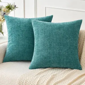 Pack of 2 Couch Throw Pillow Covers 18x18 Inch Soft Teal Chenille Pillow Covers for Sofa Living Room Solid Dyed Pillow Cases