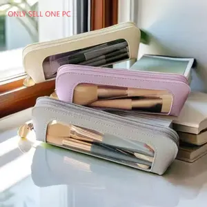Compact Leather Cosmetic Bag, Smooth Metal Zipper, Durable PU Leather, Ideal for Makeup Tools, Perfect for Travel and Parties, Makeup Brush Storage Bag, Makeup Brush Holder, Makeup Brushes Organizer