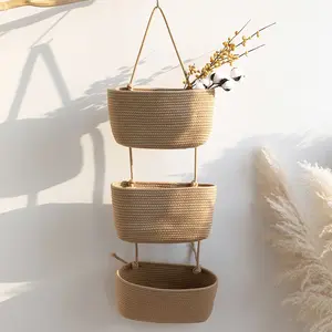 Three-Tier Wall-Mounted Woven Basket with Hook, Foldable Dustproof Storage, No Drilling Needed, Natural Rope Design, Multi-Purpose Organizer