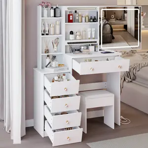 37" Middle Size Left Bedside Cabinet Vanity Table with Cushioned Stool Dresser Set 2 AC 2 USB Socket Hair Dryer Stand Large LED Sliding Mirror 3-color Switch Solid Wood White Finish