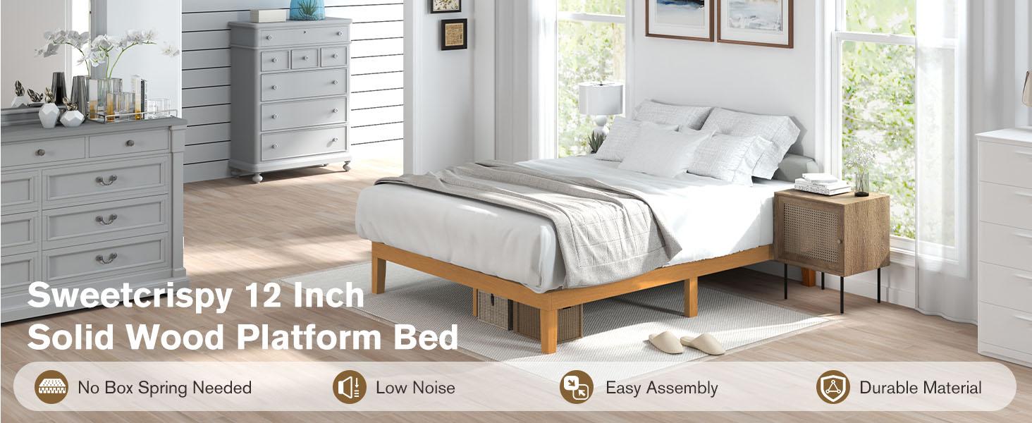 Queen Size Wood Bed Frame, 12in Platform Mattress Foundation with Support Slats, Natural Pine Color, Easy Assembly, No Spring Needed