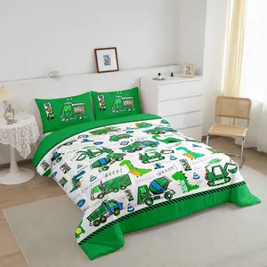 Construction Designer Comforter Set,Twin Cute Cartoon Dinosaur Comforter,Soft Equipment Trucks Car Luxury Bedding Set,Machinery Truck Dino Quilt Set