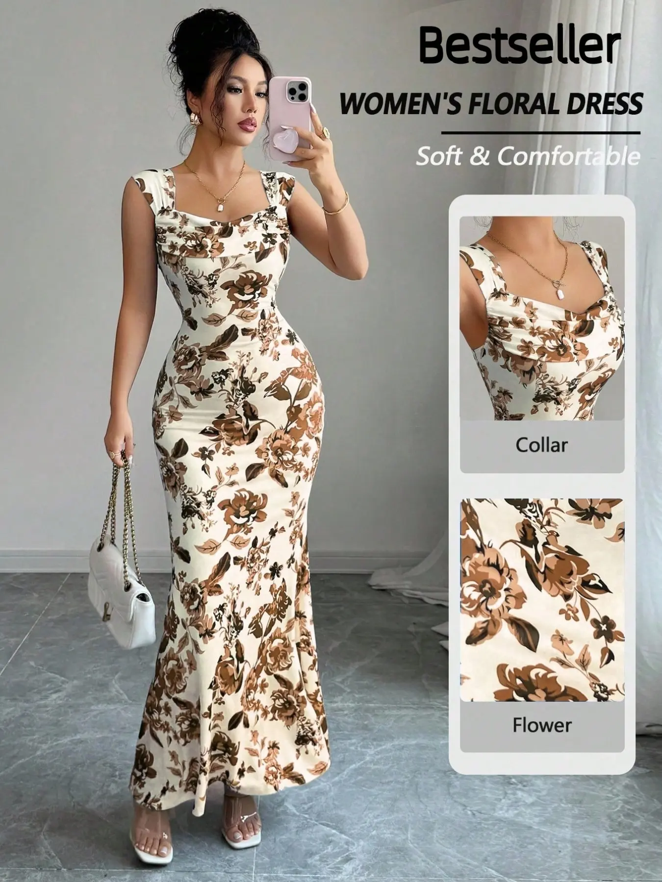 Women's Summer Floral Mermaid Long Dress, Square Neck Pleated Slim Fit, Perfect for Parties, Daily Wear and Formal Wear, Elegant Party, Chic, Bodycon Mermaid Hem Long Formal