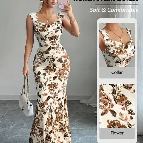 Women's Summer Floral Mermaid Long Dress, Square Neck Pleated Slim Fit, Perfect for Parties, Daily Wear and Formal Wear, Elegant Party, Chic Long Formal, Evening Formal Wear