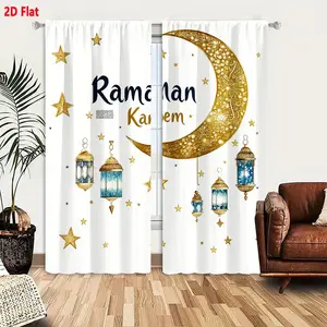 2D Flat Ramadan Decorative 2-Piece Curtain Set, Ornate Golden Crescent Moon & Stars, Blue & Gold Lanterns Pattern, Festive Celebration Themed Window Drapes for Home Decoration