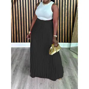 ��Plus Size�� Solid Pleated Skirt, Elegant Fashion Casual Elastic Waist Long Skirt for Daily Outdoor Wear, Women Clothing for Fall & Winter