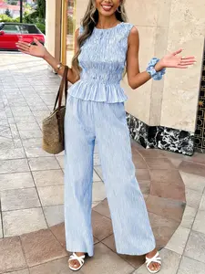 Spicy Coquette Vintage French Cottagecore Casual Blue & White Striped Smocked Peplum Tank Top & High Waist Wide Leg Pants Vacation, Beach Two-Piece Set