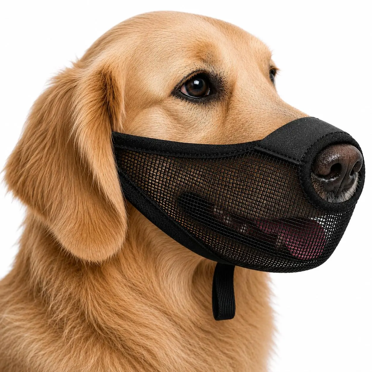 Soft Air Mesh Dog Muzzle — Breathable Adjustable Muzzle with Front Opening for Medium Dogs, Prevents Biting, Licking, Scavenging & Barking While Allowing Panting & Drinking