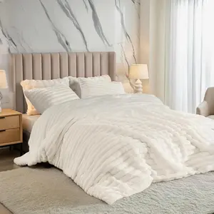 Cuddly Ribbed  Comforter Set  Size, Super Soft Plush Fleece Bedding Set, Warm Fuzzy Comforter with Matching Shams, -Season Cozy 3- Bed Set,  White