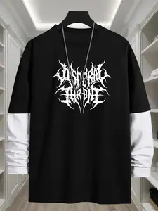 Men's Metal Band & Letter Print Round Neck Tee, Casual Comfy Streetwear, Casual Loose Fashion Long Sleeve T-shirt for Daily Wear, Men's Top for All Seasons