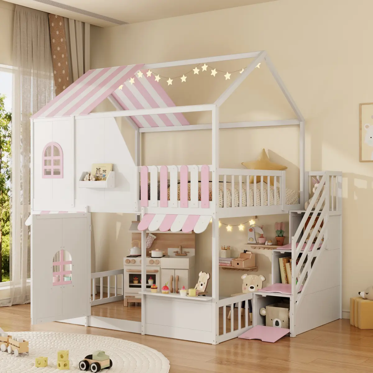[Bellemave] Full Over Full House Bunk Bed with Storage Staircase & Shelves, Wooden Playhouse Bed Frame with Roof & Door, Safety Guardrail and Ladder