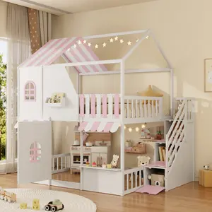 [Bellemave] Full Over Full House Bunk Bed with Storage Staircase & Shelves, Wooden Playhouse Bed Frame with Roof & Door, Safety Guardrail and Ladder