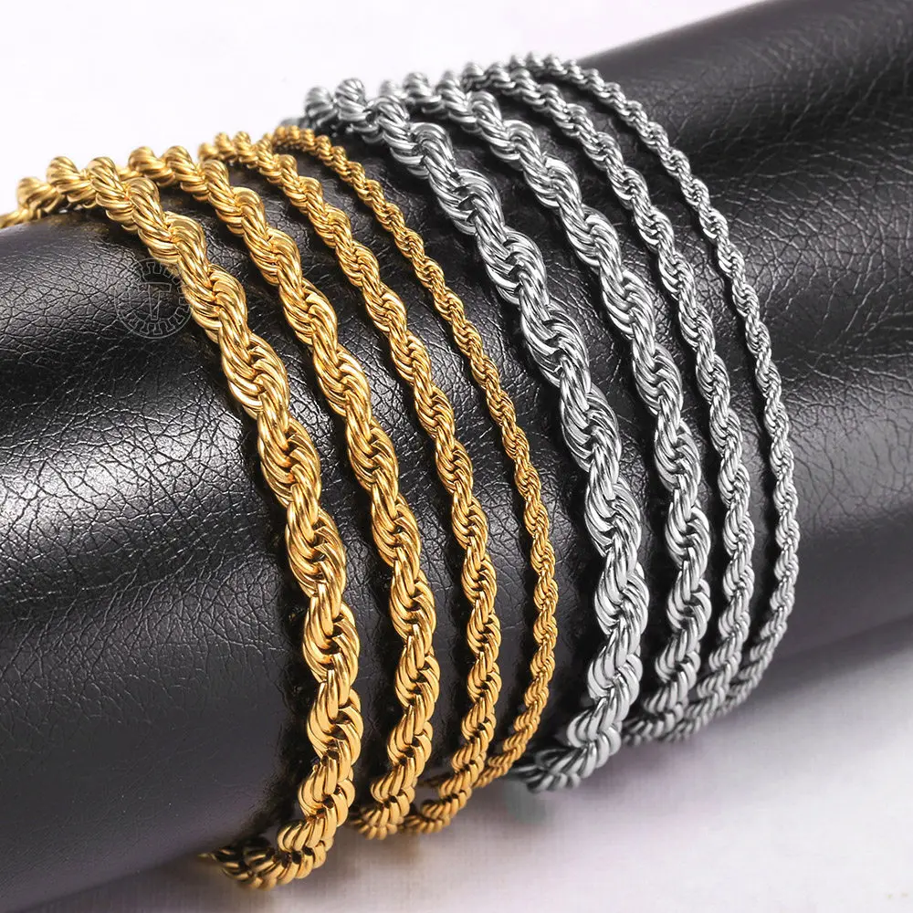 Stainless Steel Twisted Rope Chain Bracelet 2/3/4/5mm Width Gold/Silver Color Unisex Jewelry for Men Women 18cm Length with 5cm Extension Link