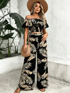 Two-piece set of women's black palm leaf print off-the-shoulder Shortsleeve short top + wide-leg pants, light holiday style two-piece set, suitable for tropical vacation, seaside wear, light social afternoon tea, casual street wear