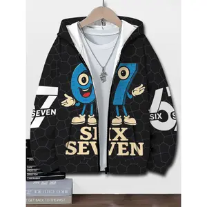 SIX SEVEN 67 Pattern Print Boys' Fall Winter Hooded Zip-Up Sweatshirt, Cartoon Monster Print, Fashion Casual Children's Clothing, Gift for Holiday Party