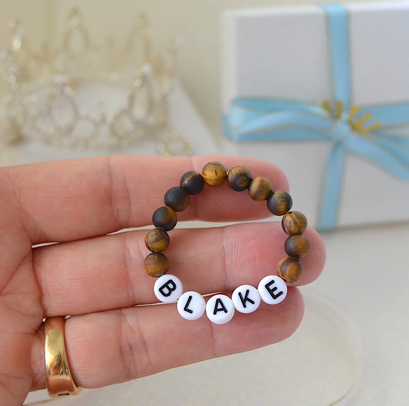 Love Love! Personalized Baby Boy Bracelet with Matte Tiger Eye Gemstones – Customizable Name Jewelry for Baby Shower & Birthday Gifts – Stretchy Fit & Organza Bag Included
