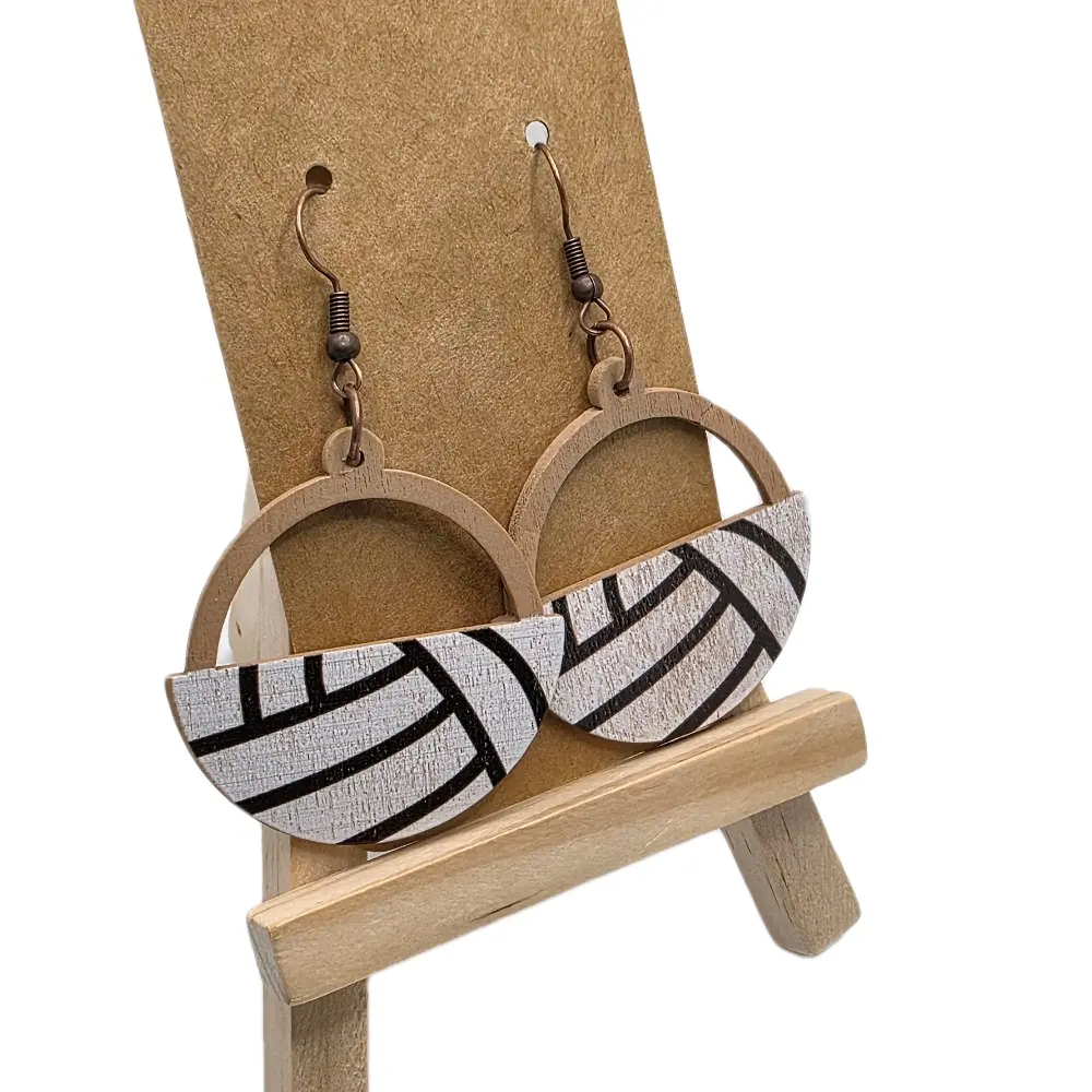 Wooden Material Volleyball Earrings - Black and Gray Patterned, Elegant Style Hook Earrings for Versatile Occasions