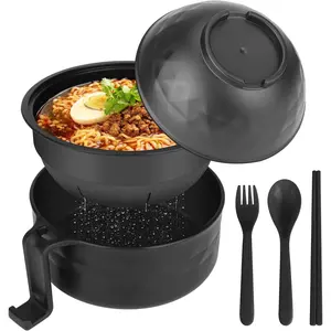Microwave Ramen Noodle Bowl Set with Chopsticks, Spoon, Fork - 32 oz Portable Ramen Cooker for Dorm, Home, Office (Black)