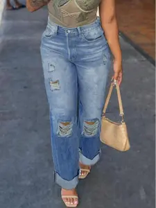 Women's High Waist Ripped Wide Leg Jeans, Casual Light Blue Denim Jeans with Pockets, Spring/autumn Daily Wear Pants