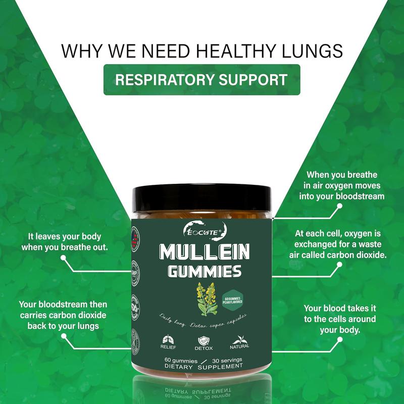 EOCUTE 9 in 1 Mullein Gummies for Lung Cleanse, Extra Strength 10000 MG(10:1 Extract) Mullein Leaf Extract w/Quercetin, Bromelain, Elderberry & Marshmallow for Respiratory, Immune, Vegan,60 Count