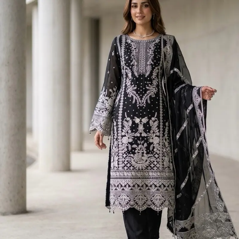 Women's Premium Black Embroidered Salwar Kameez Suit, Luxury 3-Piece Modest Ethnic Wear Set with Heavy Silver Threadwork & Dupatta