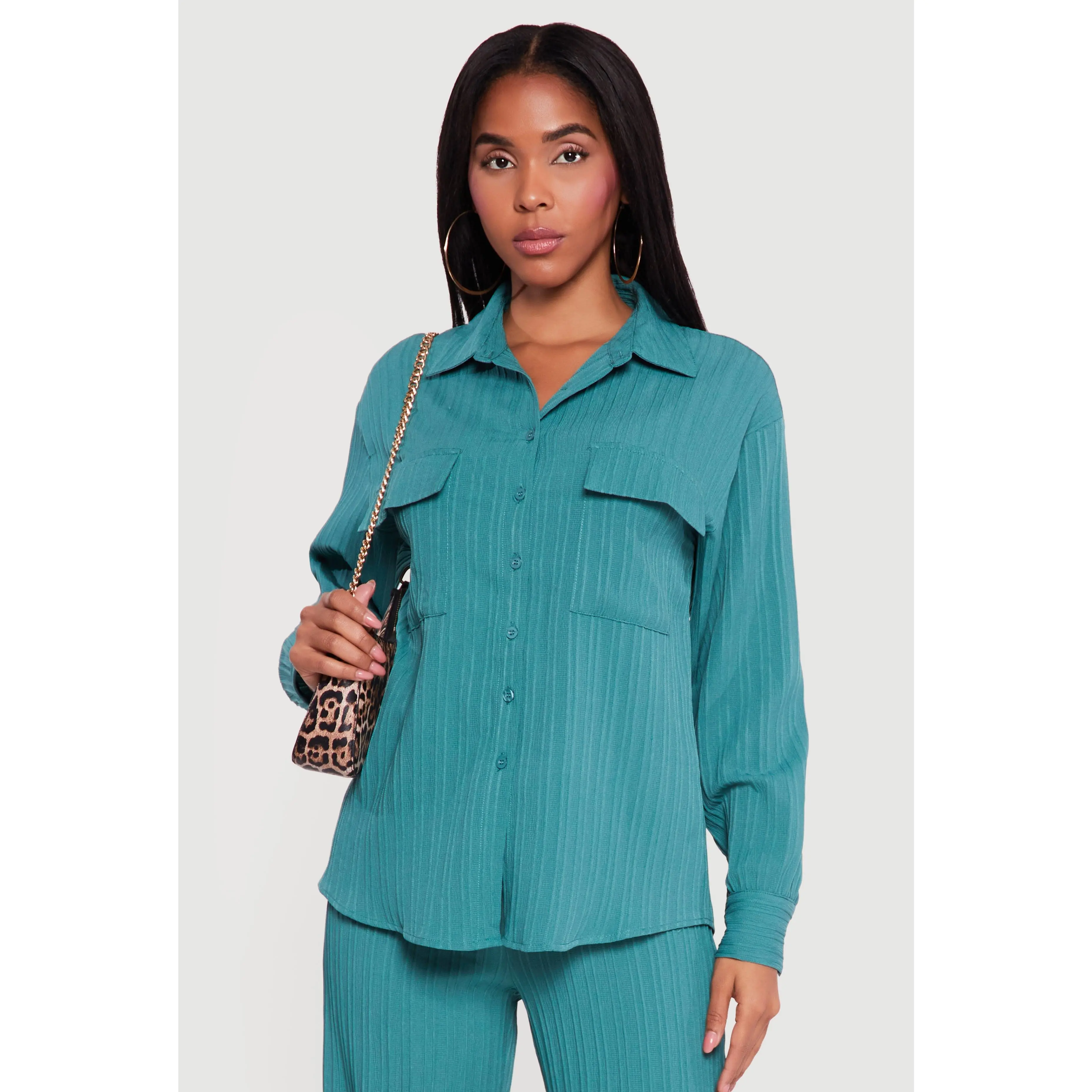 Ribbed Knit Button Front Collared Blouse