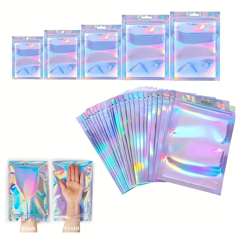 50pcs Resealable Bags, Zipper Pouches, Clear Storage Bags With Zipper, Clear Plastic Transparent Window Food Storage, Snack, Candy, Jewelry, Party Packaging, Holographic Reusable Zipper Plastics