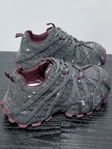 Elegant Water Diamond Dad Shoes for Women, Thick Sole Non-Slip Comfortable Fashion Sneakers, Versatile Casual Sporty Ladies Footwear, Glitter Design Sneakers
