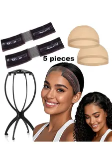 Velvet Wig Grip Bands Set, Upgrade Adjustable Non-Slip Headbands & 4 Caps, Includes 1 Wig Stand, All-Day Comfort Accessory for Women