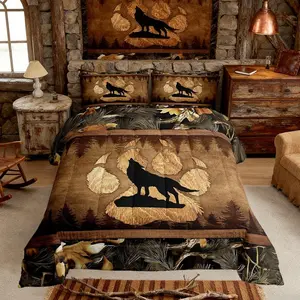 Wolf Comforter Set,Wild Animal Paw Print Bedding Set for Kids Teens Adults,Jungle Botanical Leaves Farmhouse Quilted Comforter