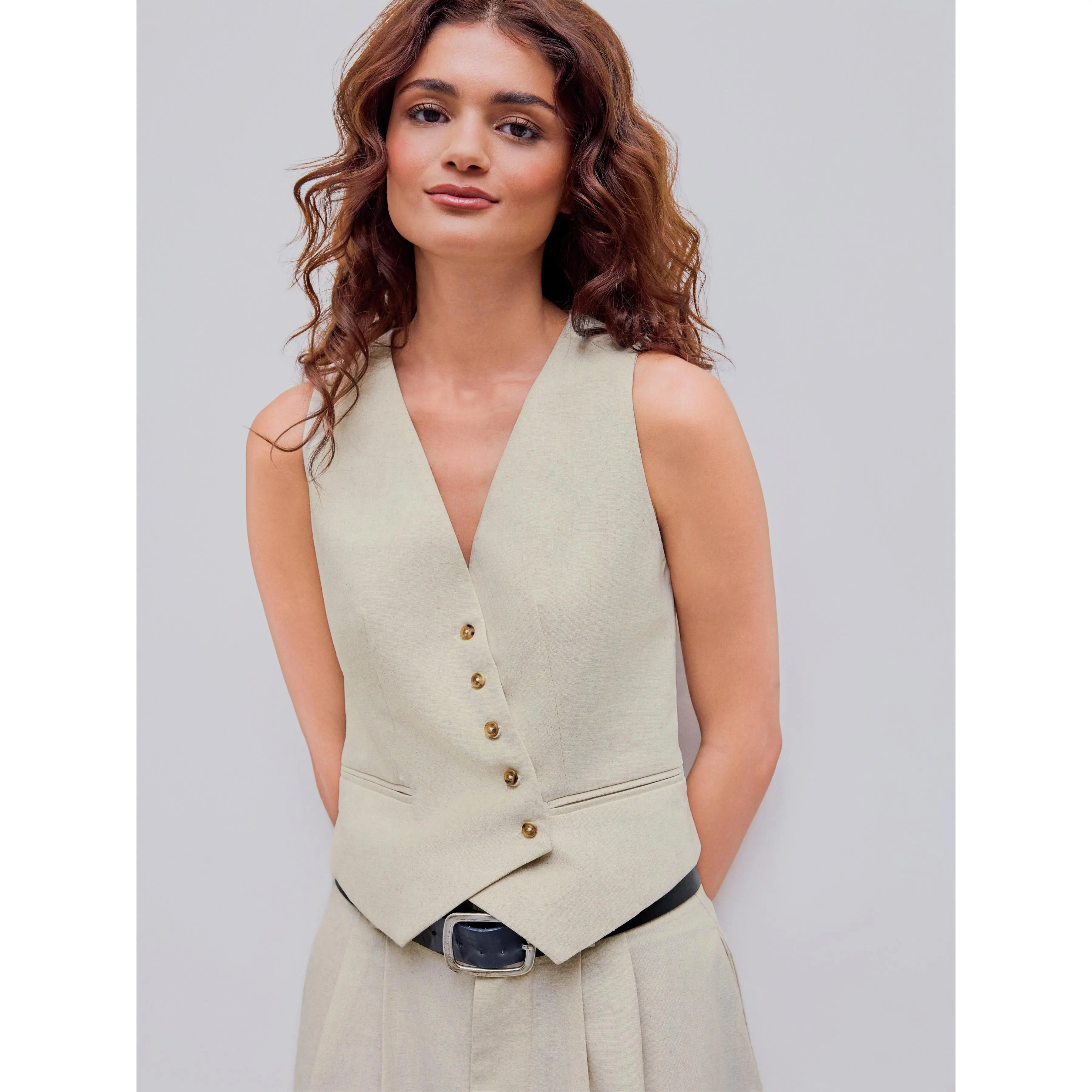 Cider [2 colors, size 0-26] French Riviera Vacation Linen-blend V-neck Solid Button Jacket Vest