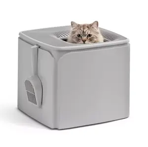 IRIS Premium Enclosed Square Cat Litter Box W/ Top Entry For Multi-Pet Households, Scoop Included
