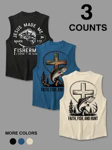 Men's Faith & Fishing Graphic Round Neck Tank Top, Muscle Tank Top, 3-Pack Regular Fit Casual Sleeveless Crew Neck Vest for Summer Outdoor, Hunting & Daily Wear