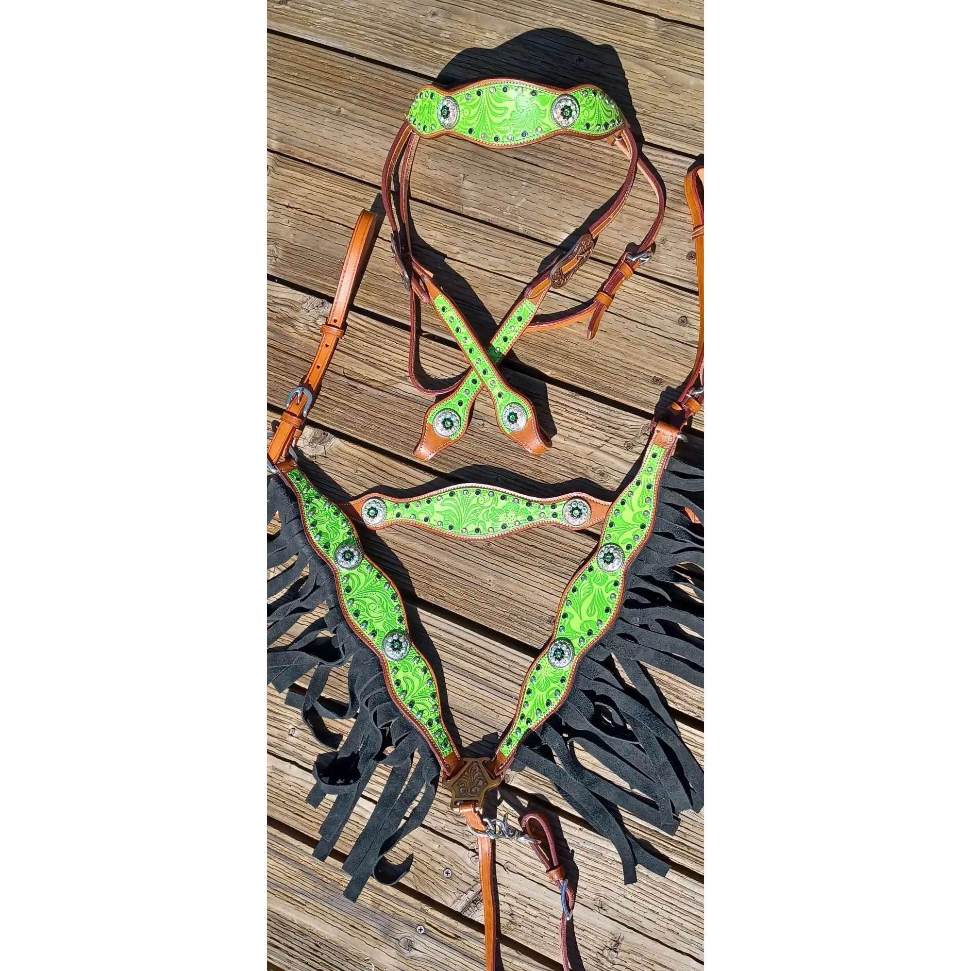 Cowgirl Horse Tack - Lime Green Leather Bridle Set with Tropical Floral Pattern, Black Suede Fringe, and Wither Strap, Tropical Flower Print