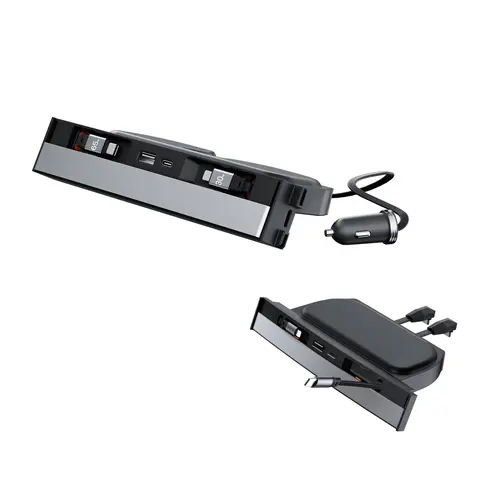 YONZEE Retractable USB Hub for Tesla Model Y 2021-2026 & Model 3 2021-2026, Fits Juniper & Highland, Dual Retractable Cables, Multi-Port Fast Charging, Hidden Center Console Dock with Dustproof Sliding Cover