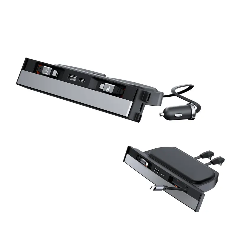 YONZEE Retractable USB Hub for Tesla Model Y 2021-2026 & Model 3 2021-2026, Fits Juniper & Highland, Dual Retractable Cables, Multi-Port Fast Charging, Hidden Center Console Dock with Dustproof Sliding Cover