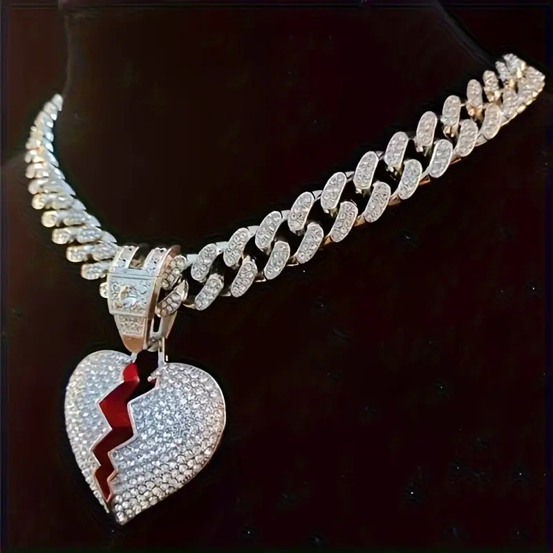 [Iced Out Heart Pendant] Iced Out Broken Heart Pendant Necklace, 1pc Men's Hip Hop Style Zinc Alloy Chain with Cuban Links and Sparkling Stones, Elegant Daily Wear Accessory for All Seasons, Cuban Link Chain, Diamond Heart Necklaces
