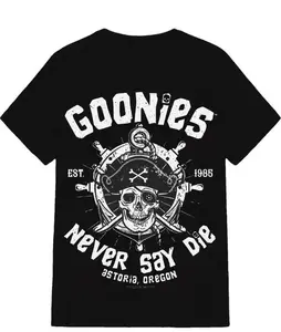 The Goonies "Never Say Die" American Retro Black Short-Sleeved Unisex T-Shirt, Vintage 1986 Movie Graphic, Nostalgic Streetwear for Film & Retro Enthusiasts, Unique Classic Cinema Fashion Statement Piece Men's Street Style Casual T-shirt