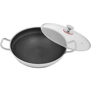 14 Inch Stainless Steel Skillet with Lid, Non Stick Paella Pan, Induction Compatible, Construction Ceramic Coating Oven and Dishwasher Safe for Sauteing Frying Baking