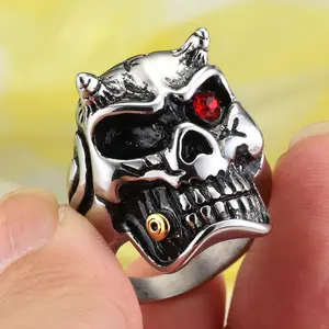Gothic Punk Hell Devil Skull Stainless Steel Ring - Stainless Steel Jewelry, Metal Accent, Macabre Style, Death Motif, Dark Art Rings - Ideal Men’s Gift for Halloween, Festive Occasions
